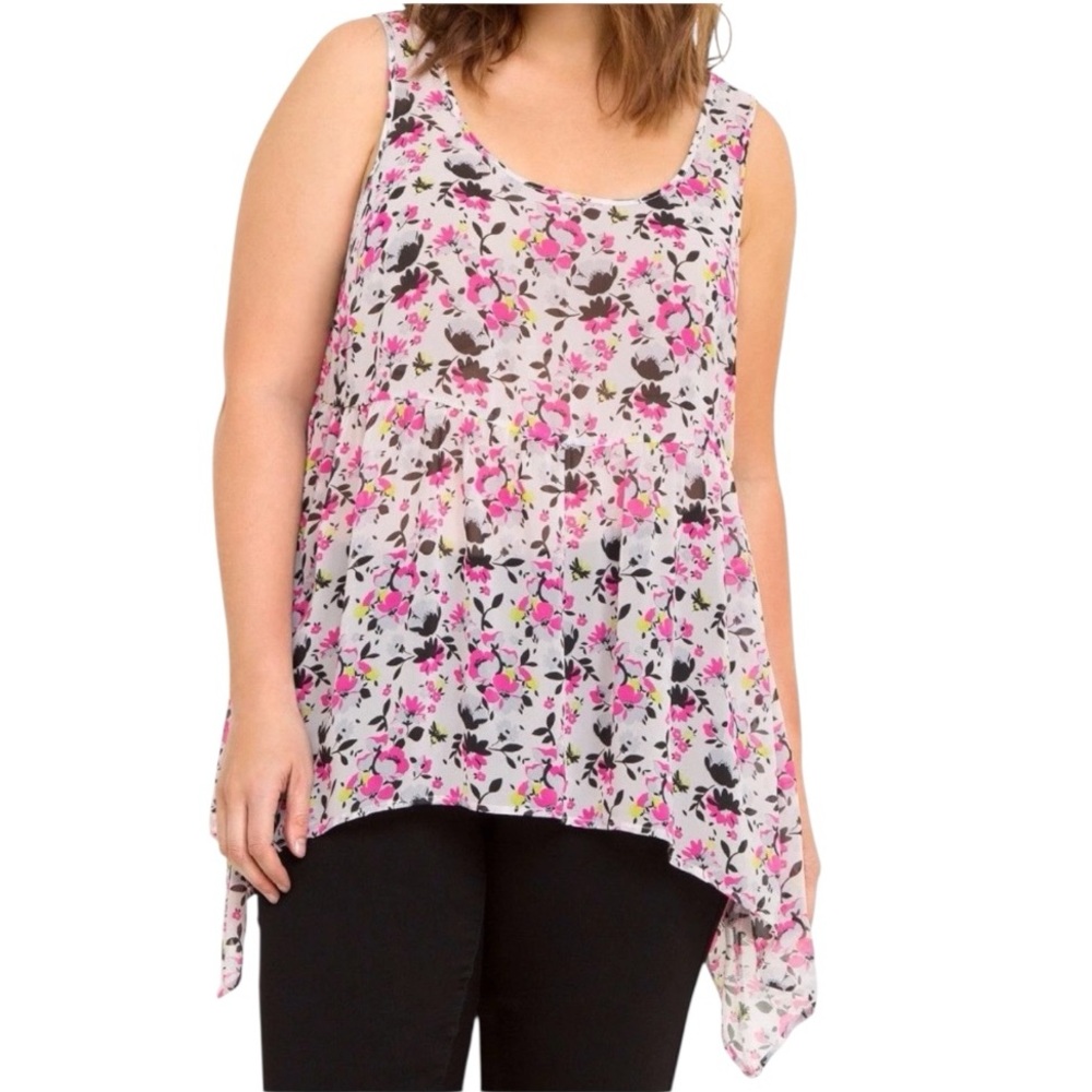 Torrid White Pink Black Floral Chiffon Sleeveless Sheer Tank Blouse Size 3X